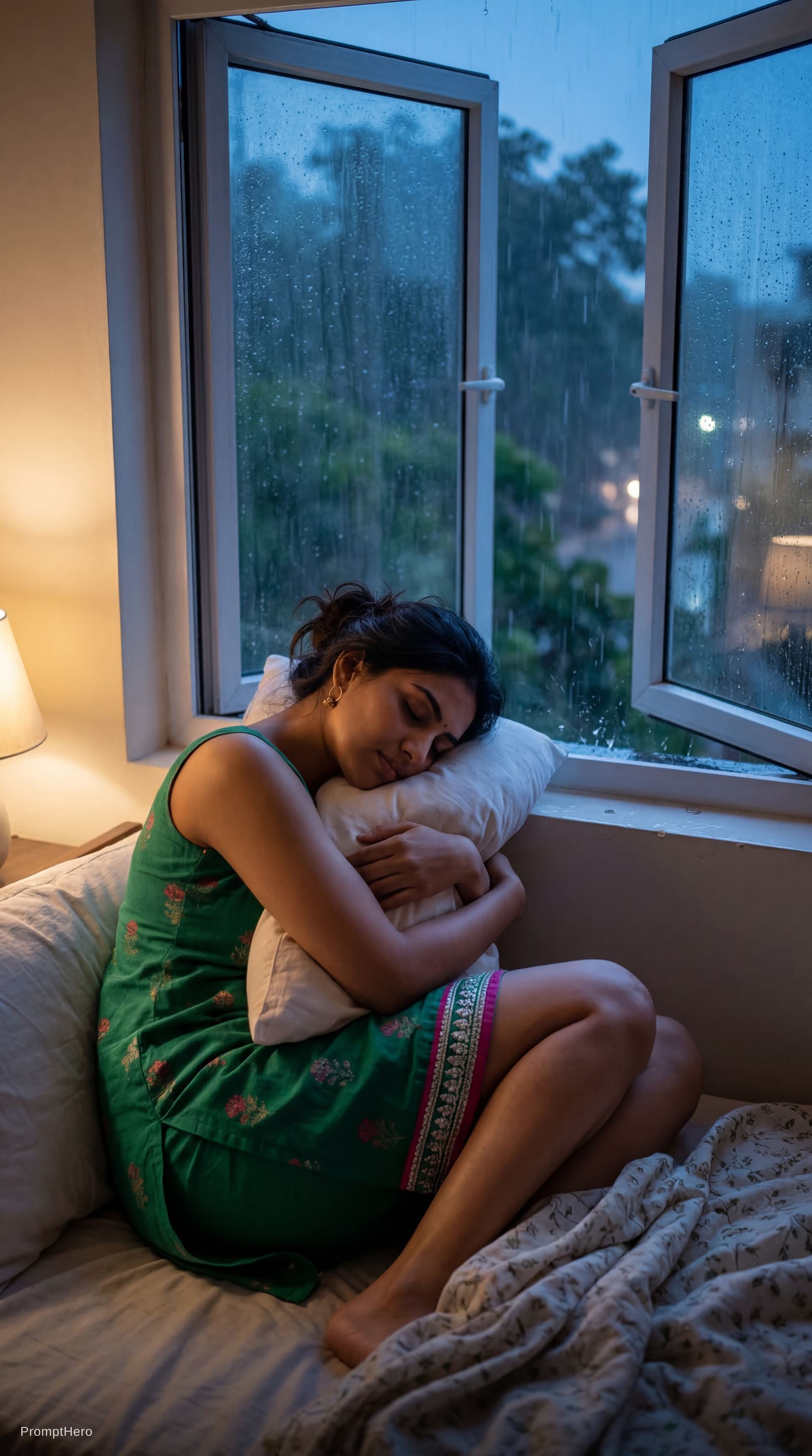 AI generated: Monsoon late night rain scene, window half open with rain sound coming inside. The woman including s...
