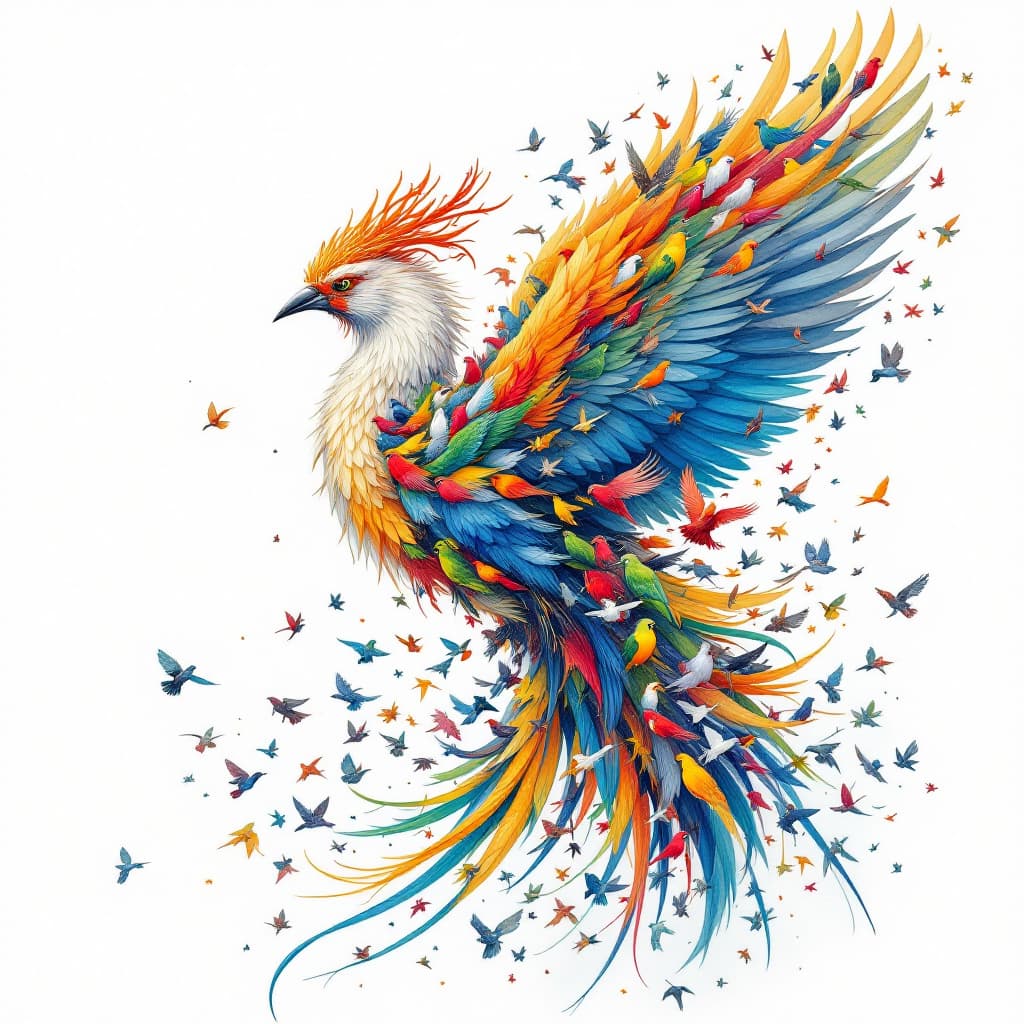 AI generated: A majestic phoenix-like bird composed entirely of various smaller birds with a detailed ,Hoopoe bird...