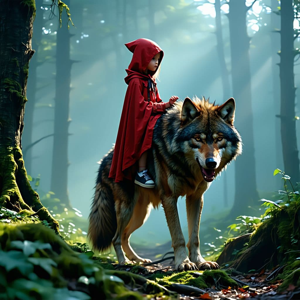 AI generated: little red riding hood with a thin body, she is seen riding the big bad wolf's huge ,  small perky c...