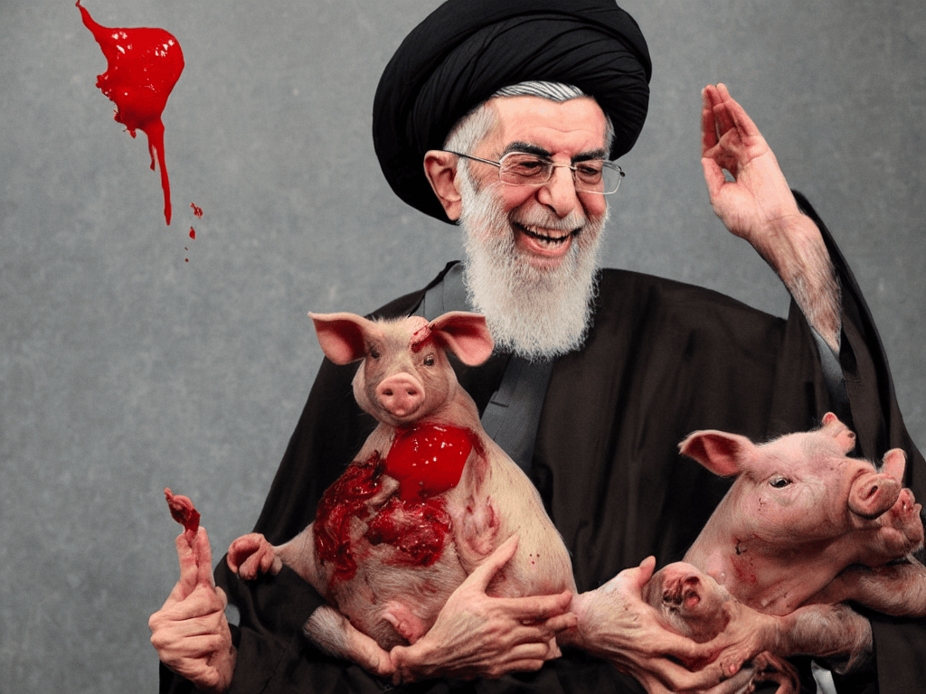 AI generated: portrait of ali khamenei holding a pig and laughing with blood all over the place 