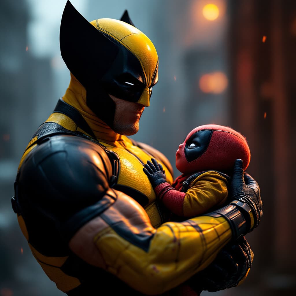 AI generated: Marvel style, Wolverine in a yellow suit holding a baby Deadpool,X-box graphics,8K,emotional realism...