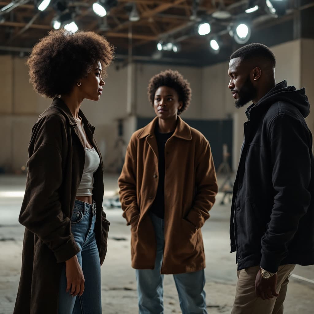 AI generated: 3 black african actors  on set 2 female and one male the setting is a huge indoor studiothe sactors ...