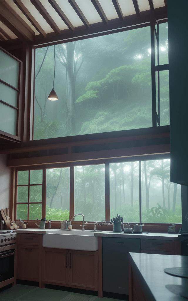 AI generated: kitchen interiors showing all the cupboards and utensils with big window looking out tropical forest...