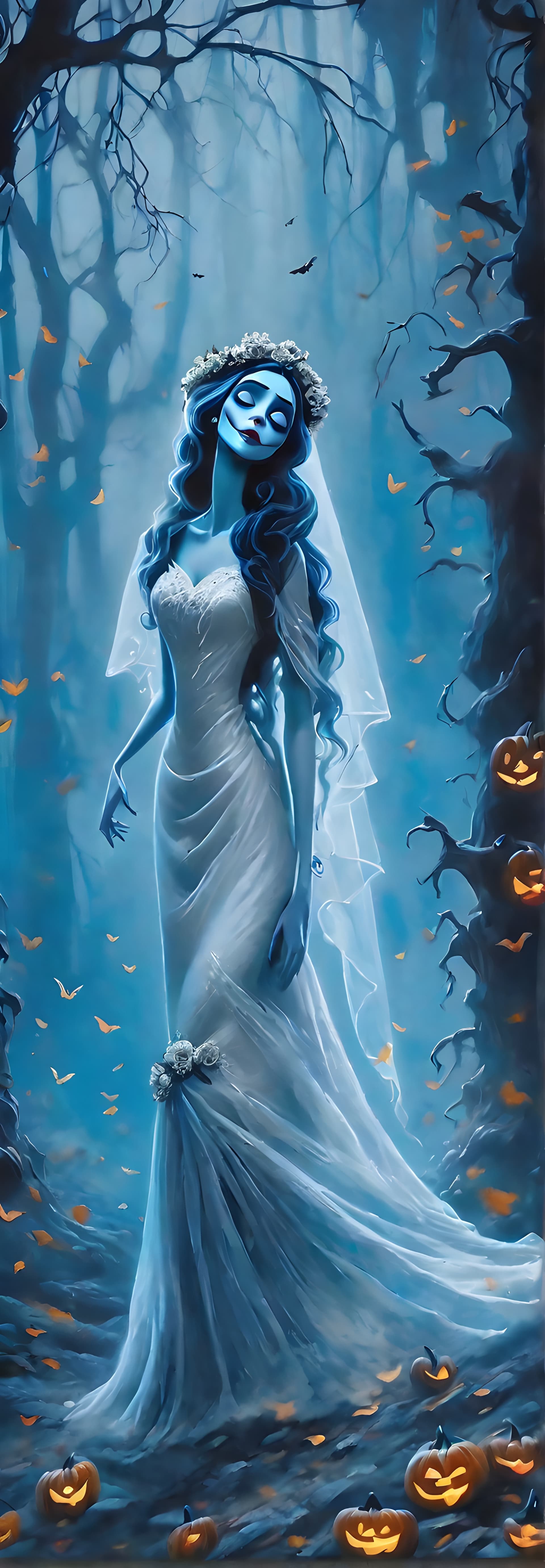 AI generated: Magnificent beautiful Corpse Bride in Halloween forest. High quality, highly detailed, realistic, ci...