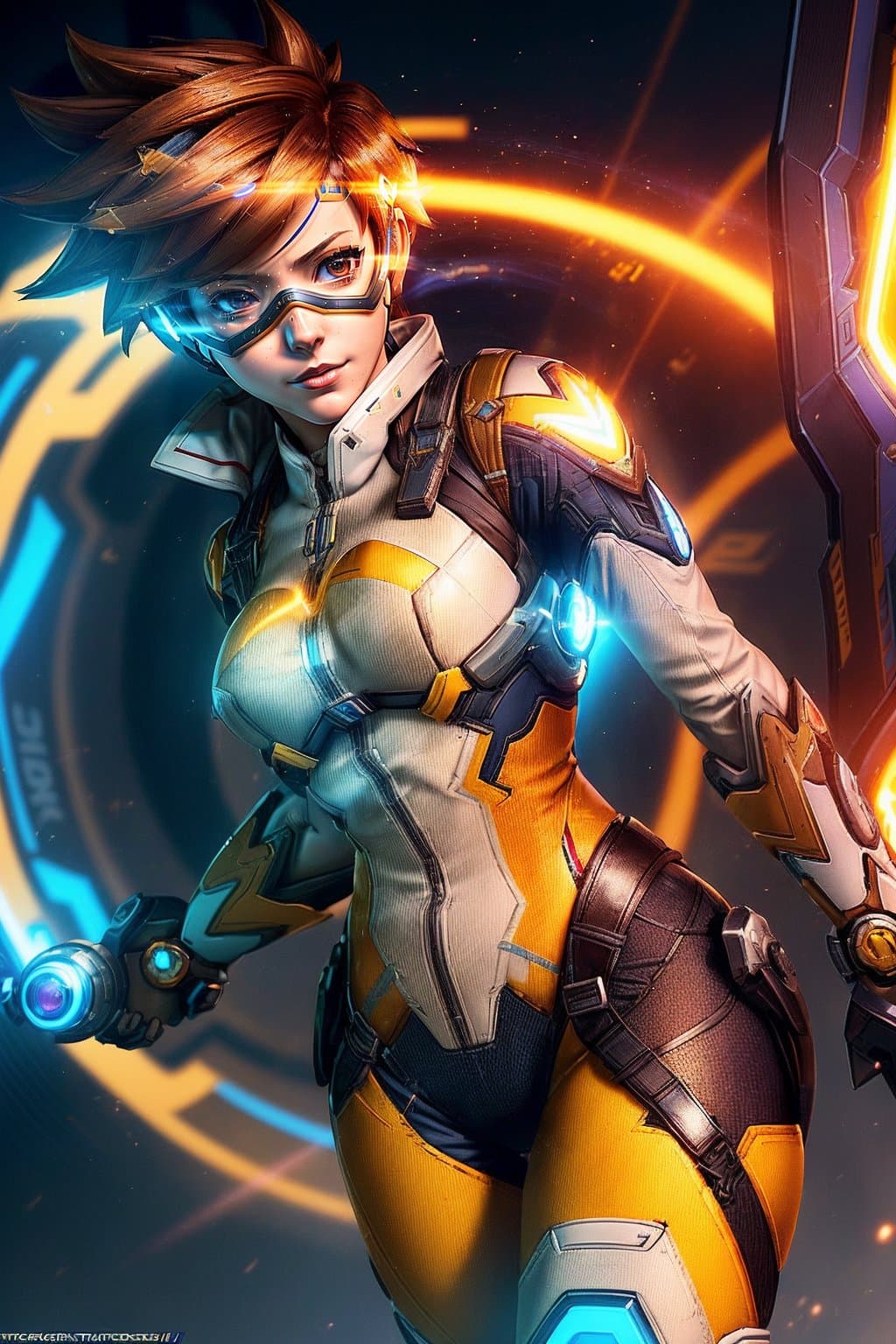AI generated: action packed, Photography, (Tracer from Overwatch:1.2), full-length, realistic, (cheerful, energeti...
