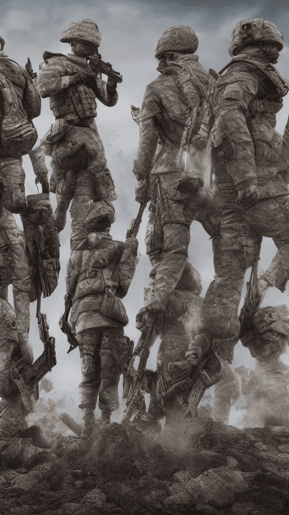 AI generated: soldiers at peace after war symmetrical artwork. cinematic, hyper realism, high detail, octane rende...