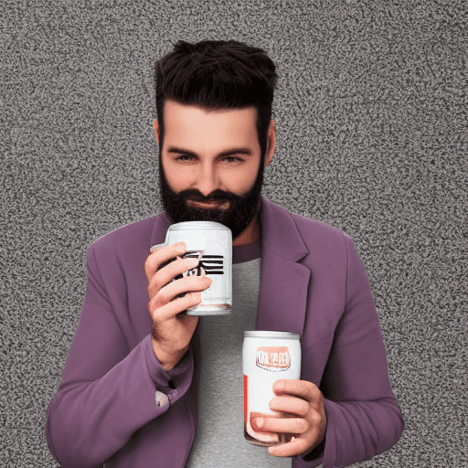 AI generated: A highly detailed, photorealistic image of a man in his early 30s holding a branded energy drink can...