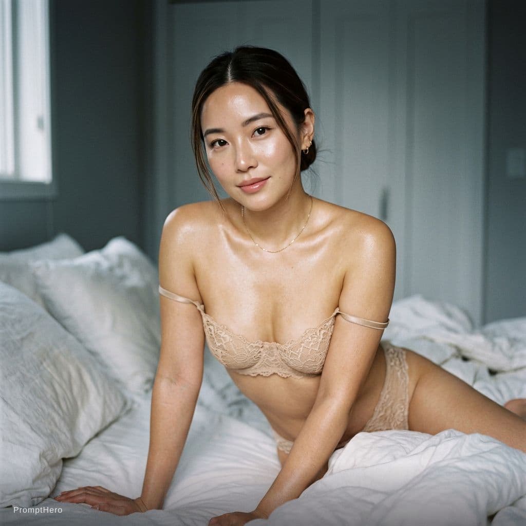 AI generated: { "subject": { "description": "An intimate boudoir-style portrait of an adult woman on a bed, leanin...