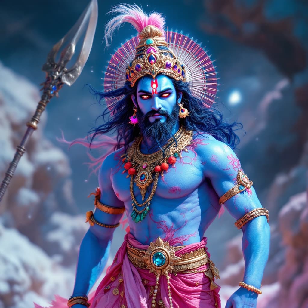 AI generated: hindu mythology character matya avtar in bright colors mostly in pink and blue features should be cl...
