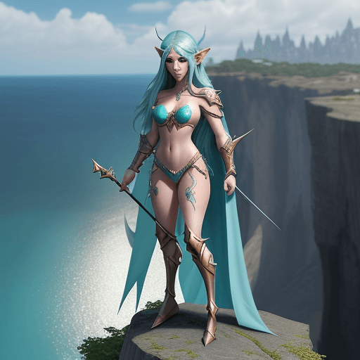 AI generated: /imagine prompt: An elven paladin in a platemail bikini | Fierce pose | Standing on a cliff ledge ov...