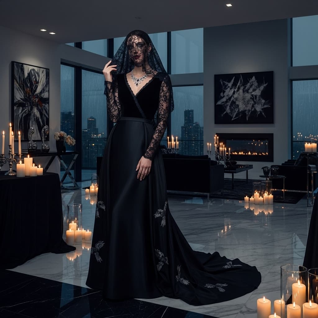 AI generated: “A stunning elegant woman dressed for a luxurious Halloween soirée, wearing a sophisticated couture ...