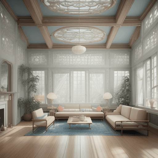 AI generated: High resolution photography interior design, dreamy sunken living room conversation pit, wooden floo...