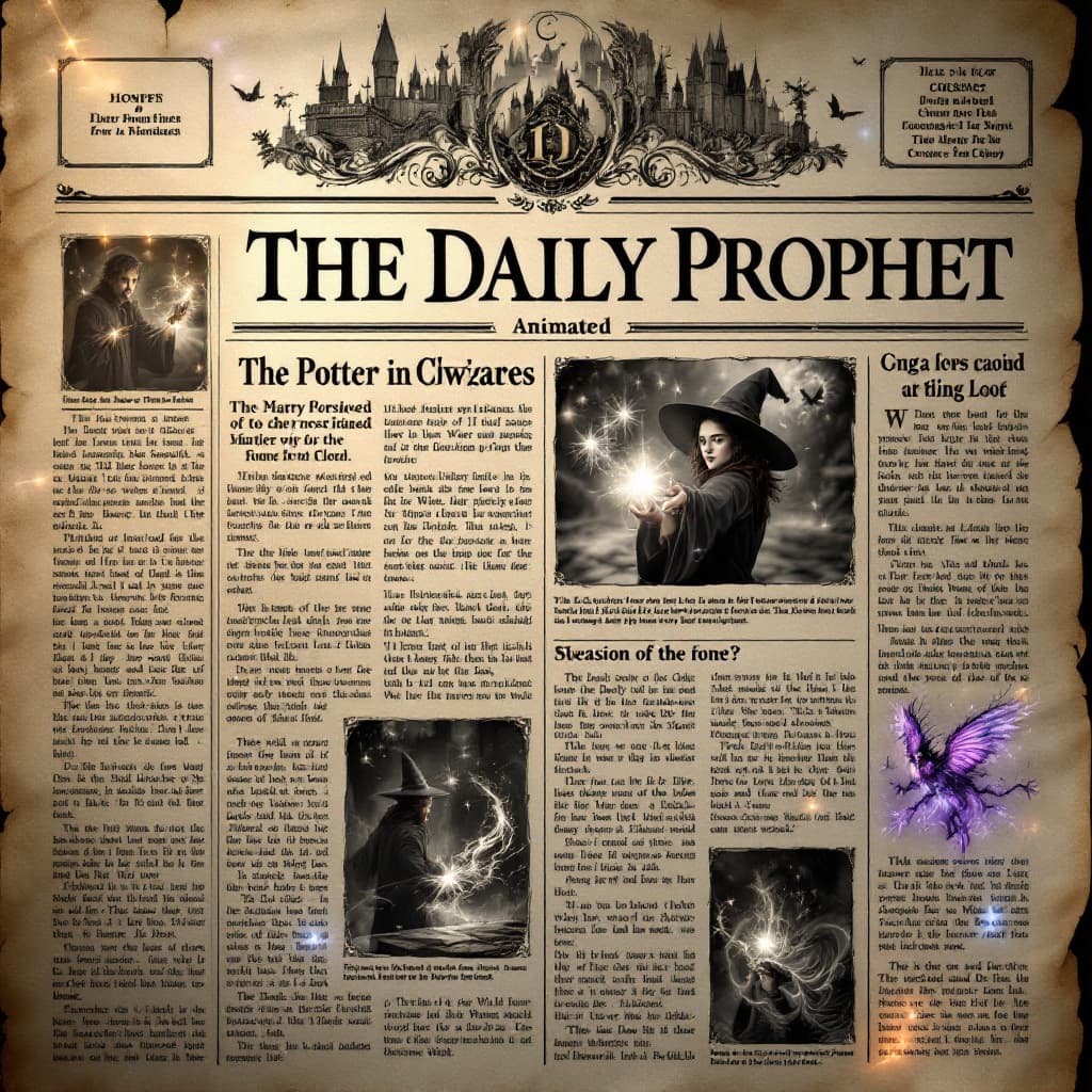 AI generated: Create a magical animated newspaper resembling the style of the Daily Prophet from the Harry Potter ...