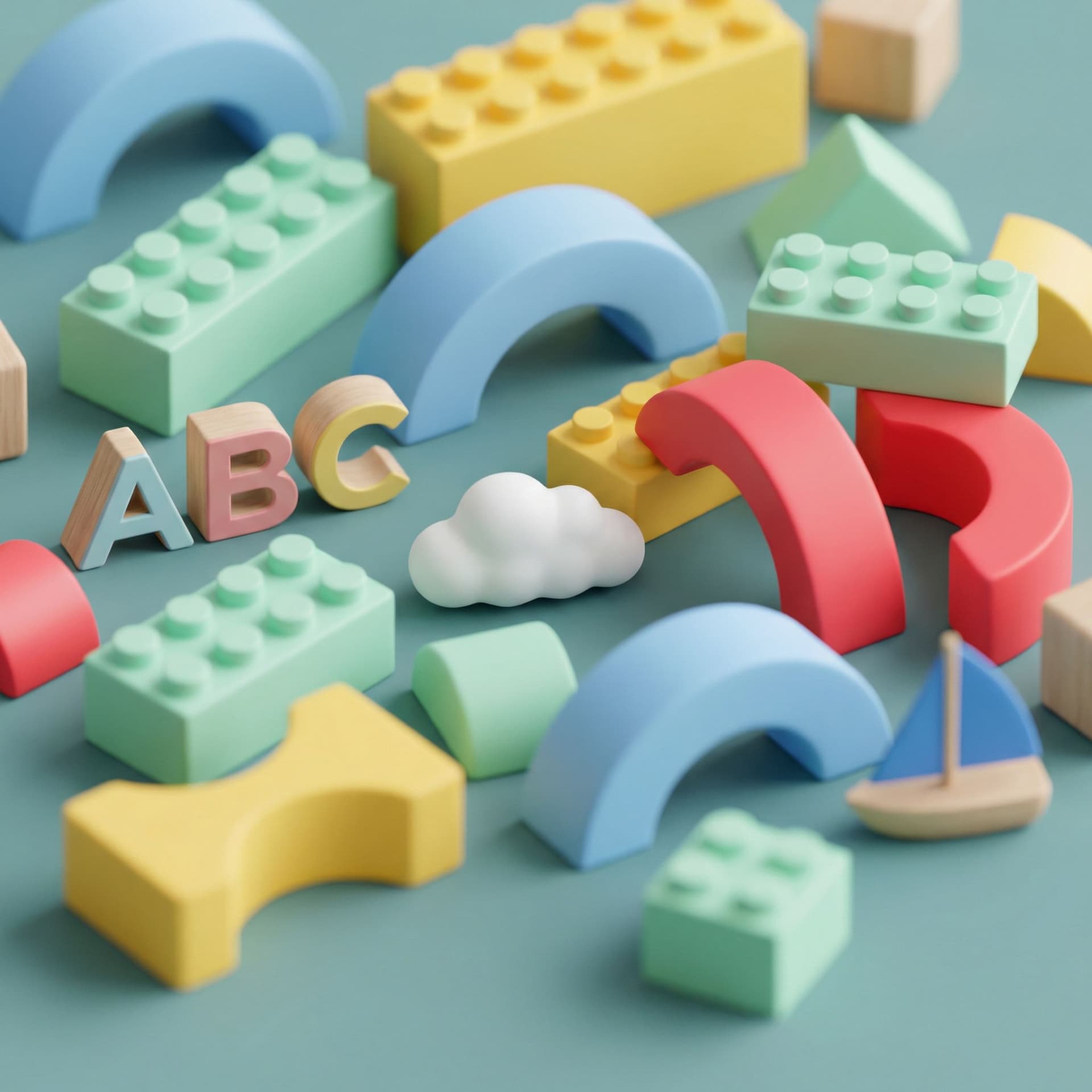 AI generated: A high-angle, close-up shot of various stylized 3D toy blocks and geometric shapes scattered on a te...