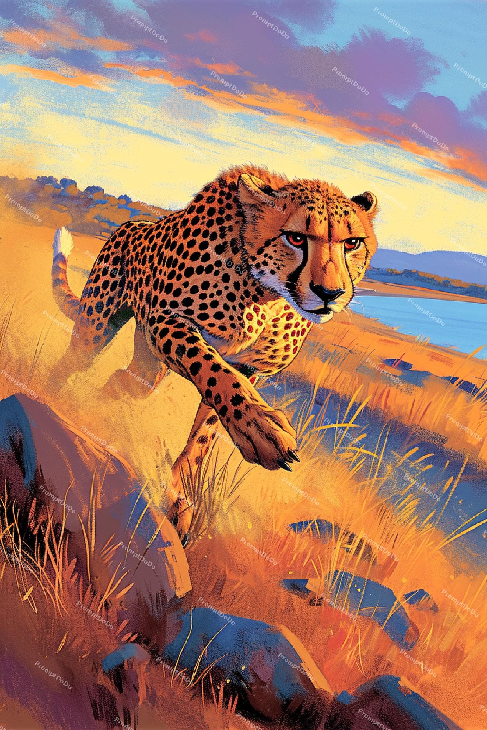 AI generated: Fearless cheetah, sprinting across the grasslands, with sleek body and lightning speed, by Pixar Ani...