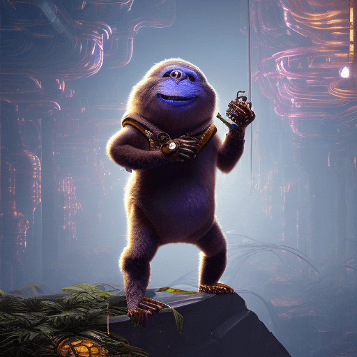 AI generated: octane render of cyberpunk anthropomorphic bonzi buddy dressed in hoodie, two eyes, chrome silk with...