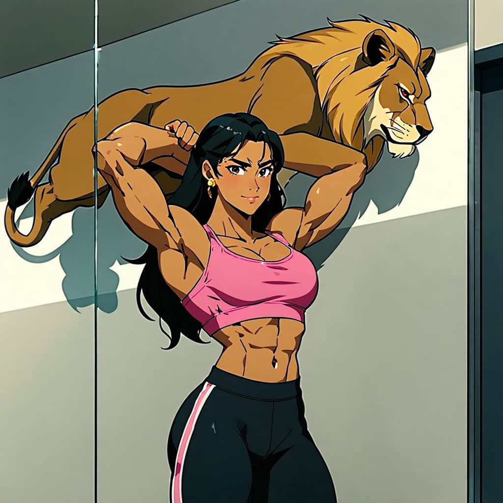 AI generated: (Anime Style:1.2), (An anime Indian Woman:1.05), mid 30's age, (muscular body:1.85) lifting a lion a...
