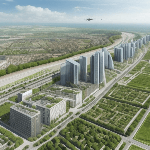 AI generated: ville du futur, hyper vegetalisé urbanisé autoroute et mument hi tech, nous voila