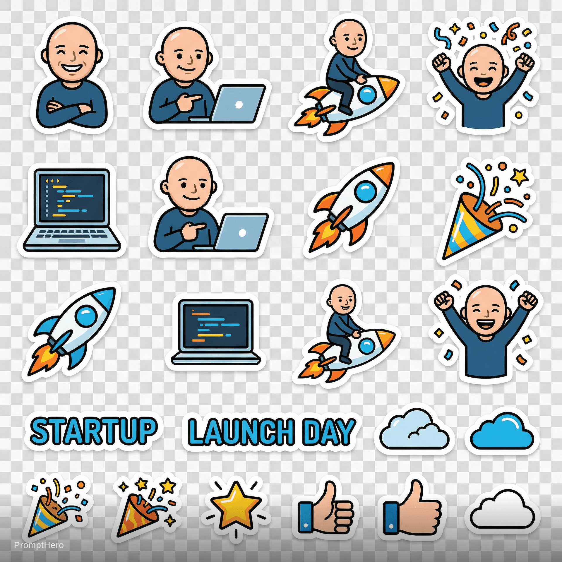 AI generated: tech startup stickers based on the uploaded logo, rocket ships, laptops, celebration emojis, modern ...