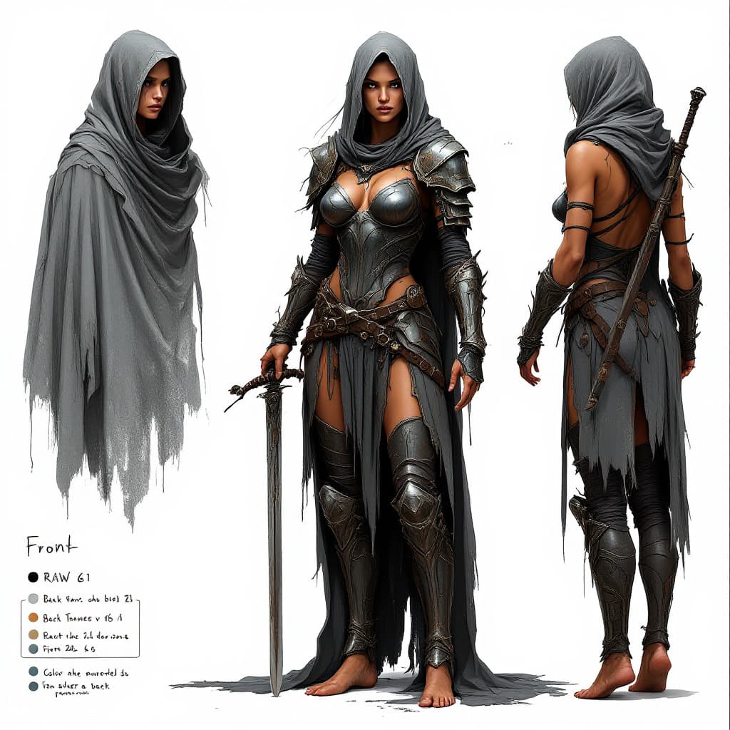 AI generated: A character sheet featuring a beautiful woman with multiple views: front, side, and back. A powerful...