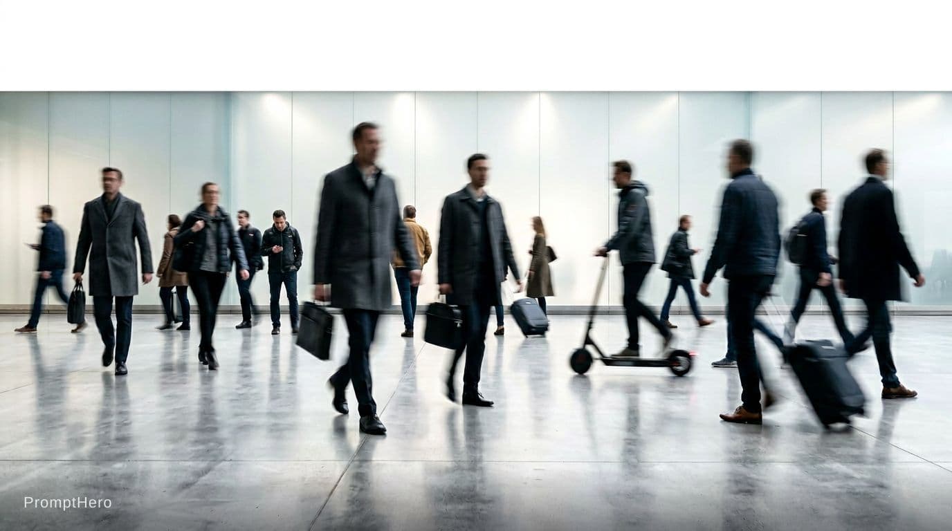 AI generated:  blurred pedestrians walking, strong motion blur conveying urban rush and anonymity,modern urban aes...