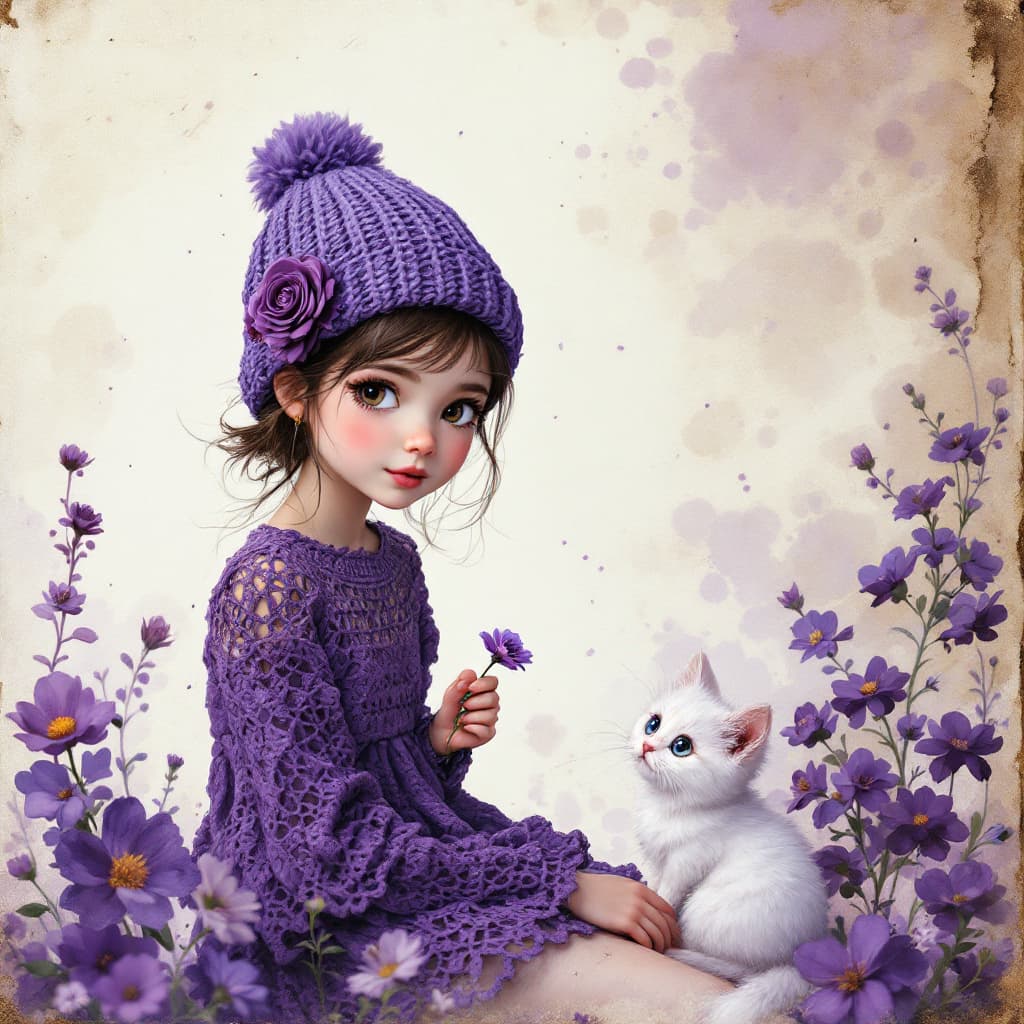 AI generated: Young, Caucasian girl, around 10-12 years old, with delicate features,  wearing a  deep purple, croc...