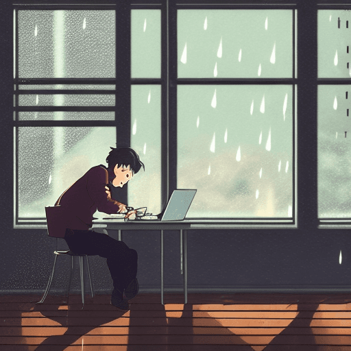 AI generated: a boy studying on a rainy afternoon in front of the window at a table with his laptop in his room, a...