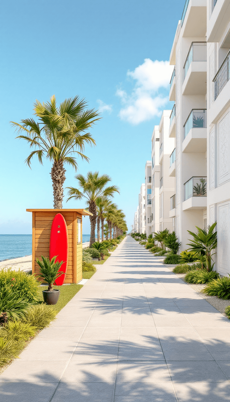 AI generated: A high-quality vertical composition of a peaceful promenade by the sea. The clean design of light-co...