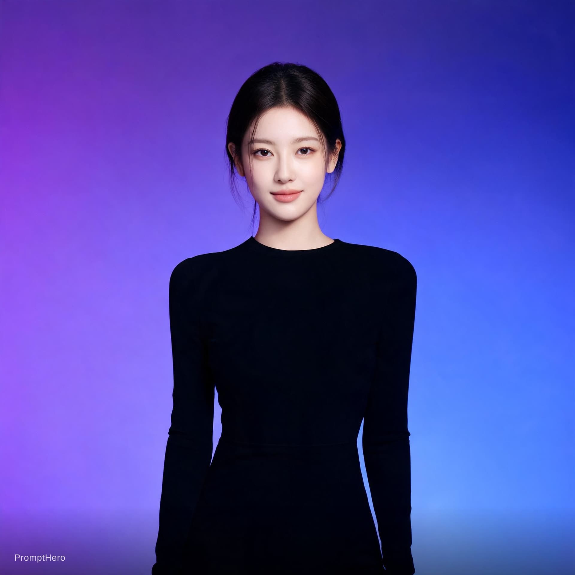 AI generated: Asian model, purple and blue background, black clothes --ar 9:16 --s 250