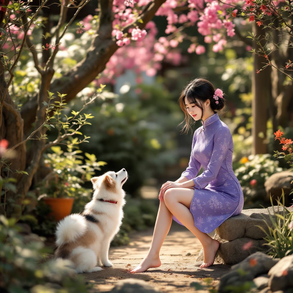 AI generated: full body view a dark haired korean girl dressed in an asian style, very short purple Cheongsam, lon...