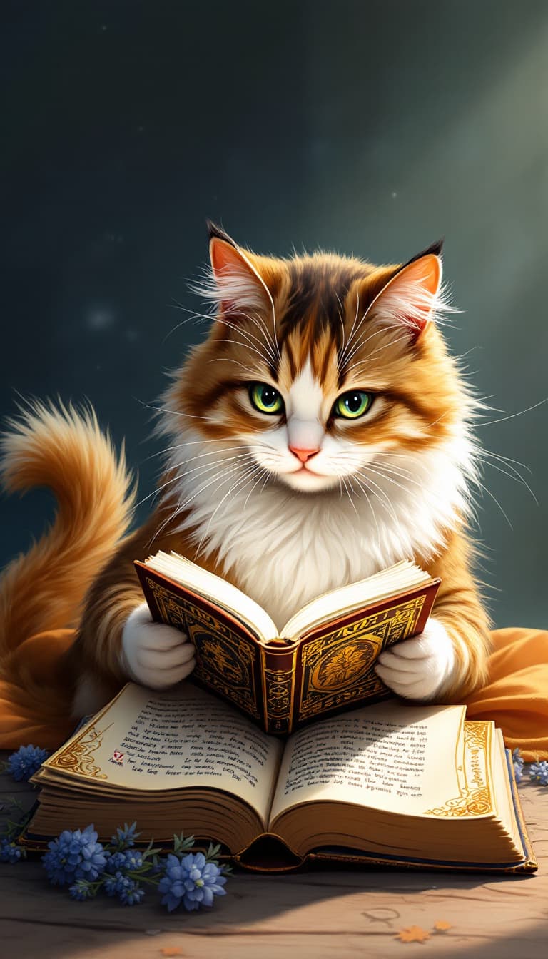 AI generated: Wise Cat reading an ancient book