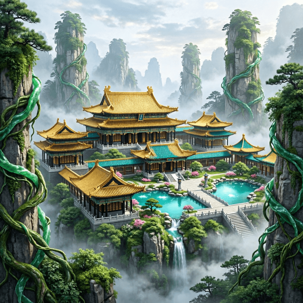 AI generated: Create a massive Chinese style Palace colored Gold and Black with hints of Teal with seven main cour...