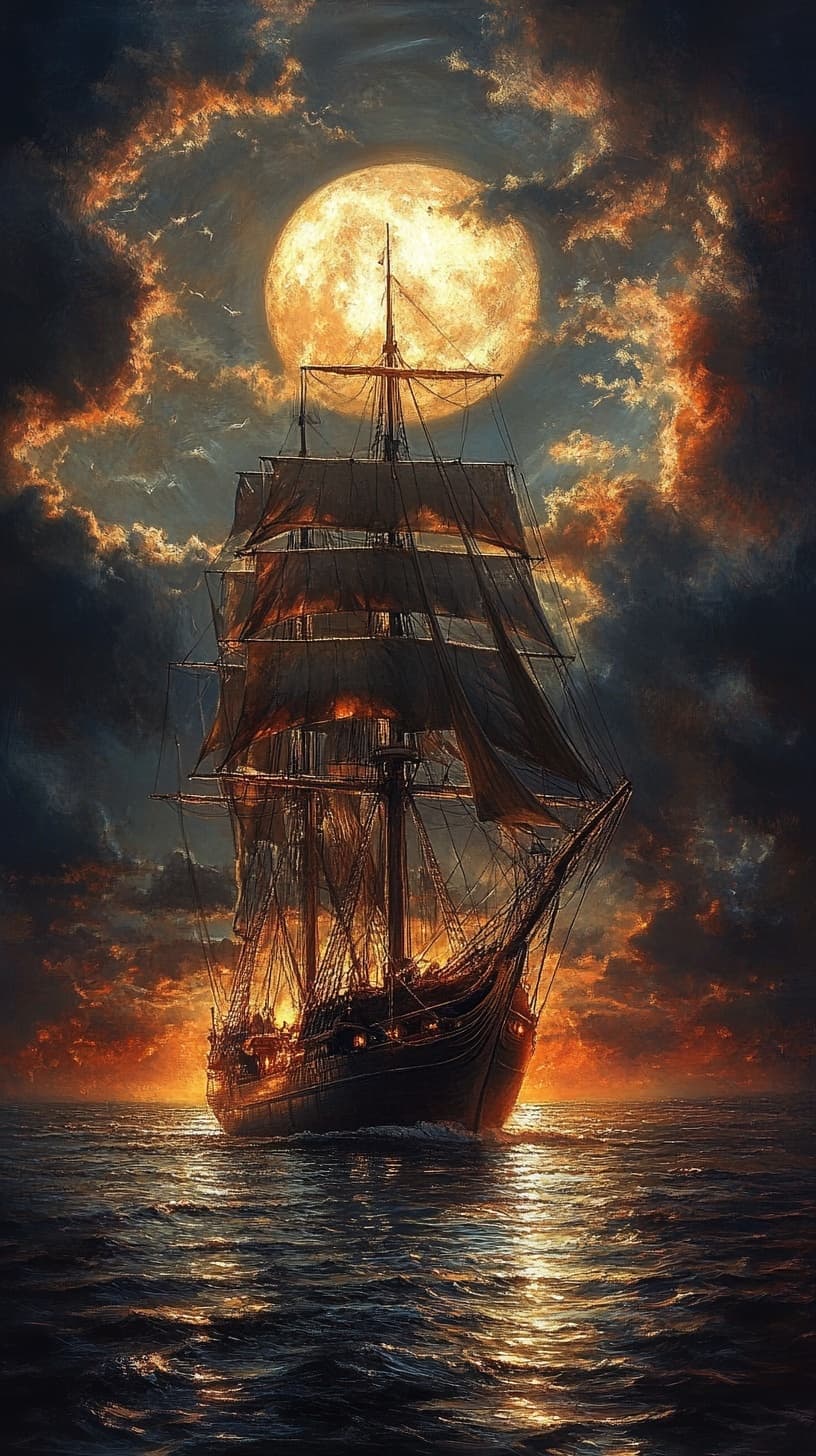 AI generated: moonlit tall ship at sea with full moon behind sails, glowing lanterns, calm reflective water, drama...