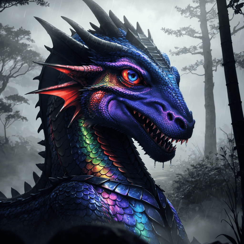 AI generated: A closeup shot of a (rainbow colored) male (dragon:1.2), his eyes gleaming with intelligence as he g...