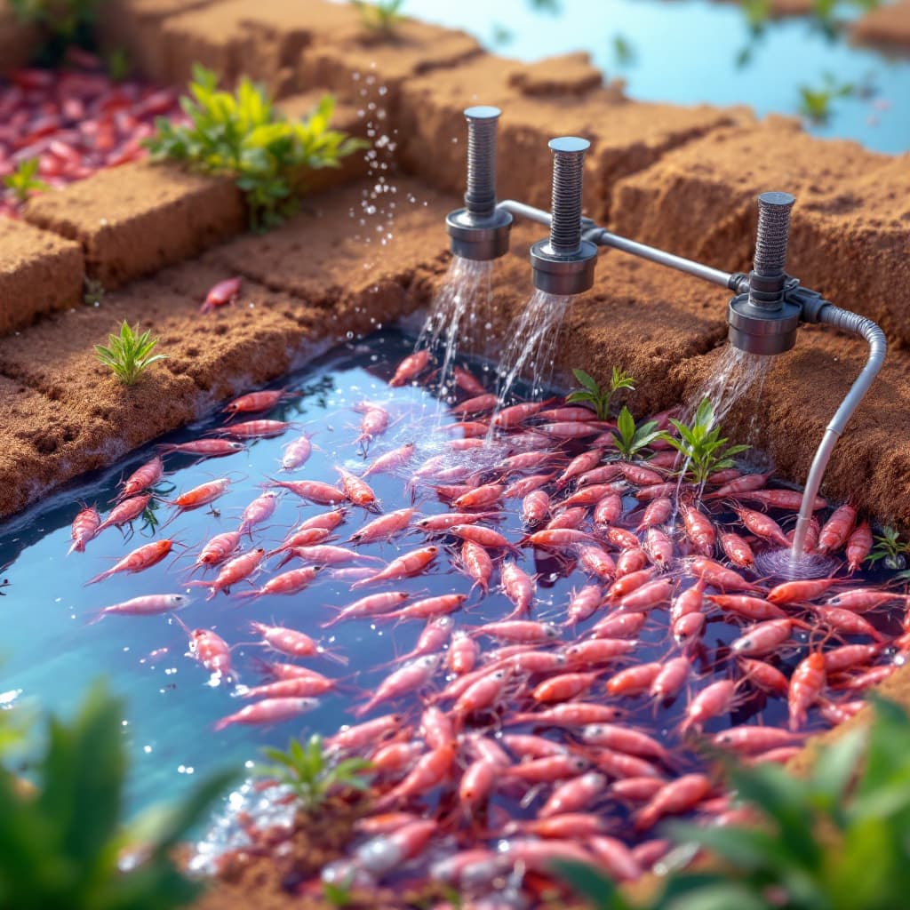 AI generated: a photorealistic image of a farm of shrimp, showing aeration systems and feeder systems
