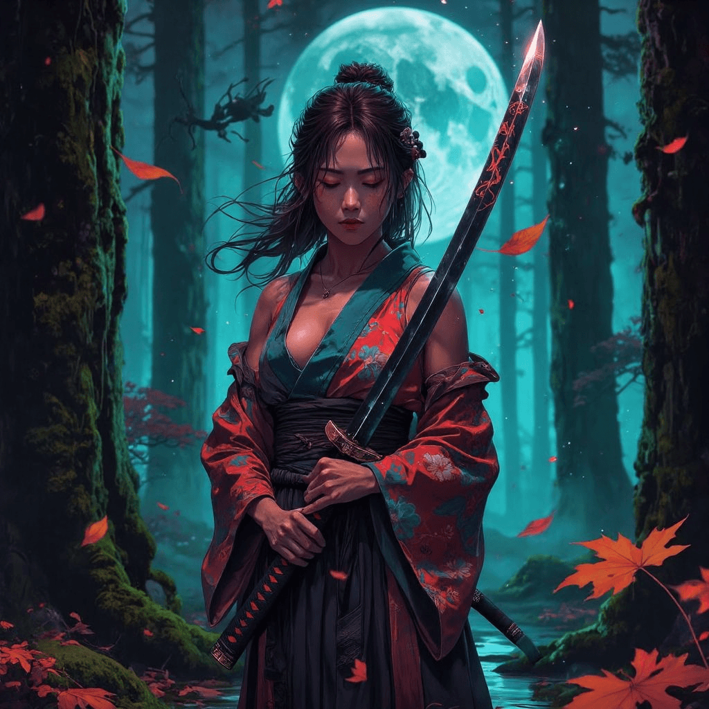 AI generated: A serene yet intense scene in a dense, ancient forest during the stillness of twilight. The woman’s ...