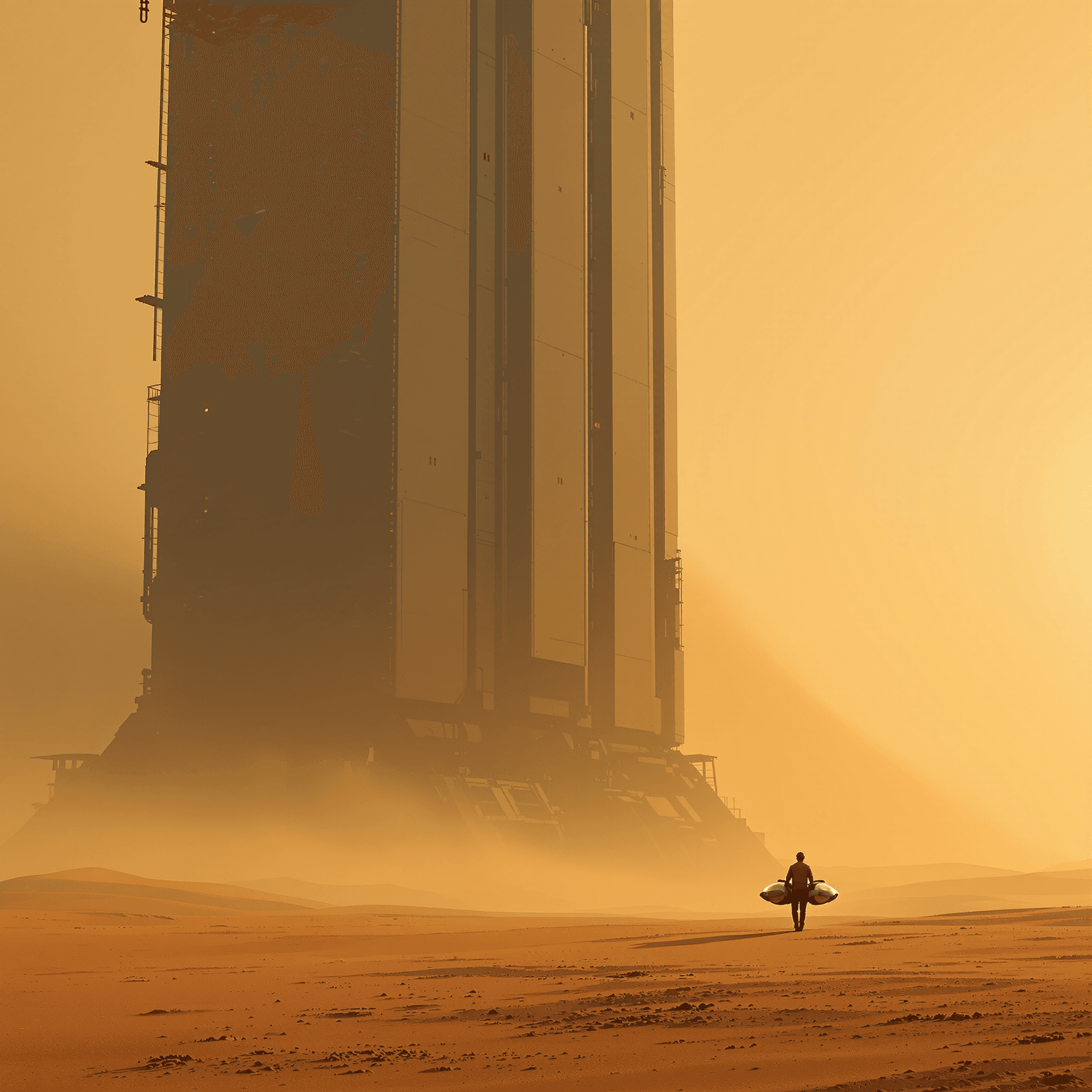 AI generated: minimalist sci-fi scene, enormous atmospheric processor towers over desert, lone maintenance worker ...