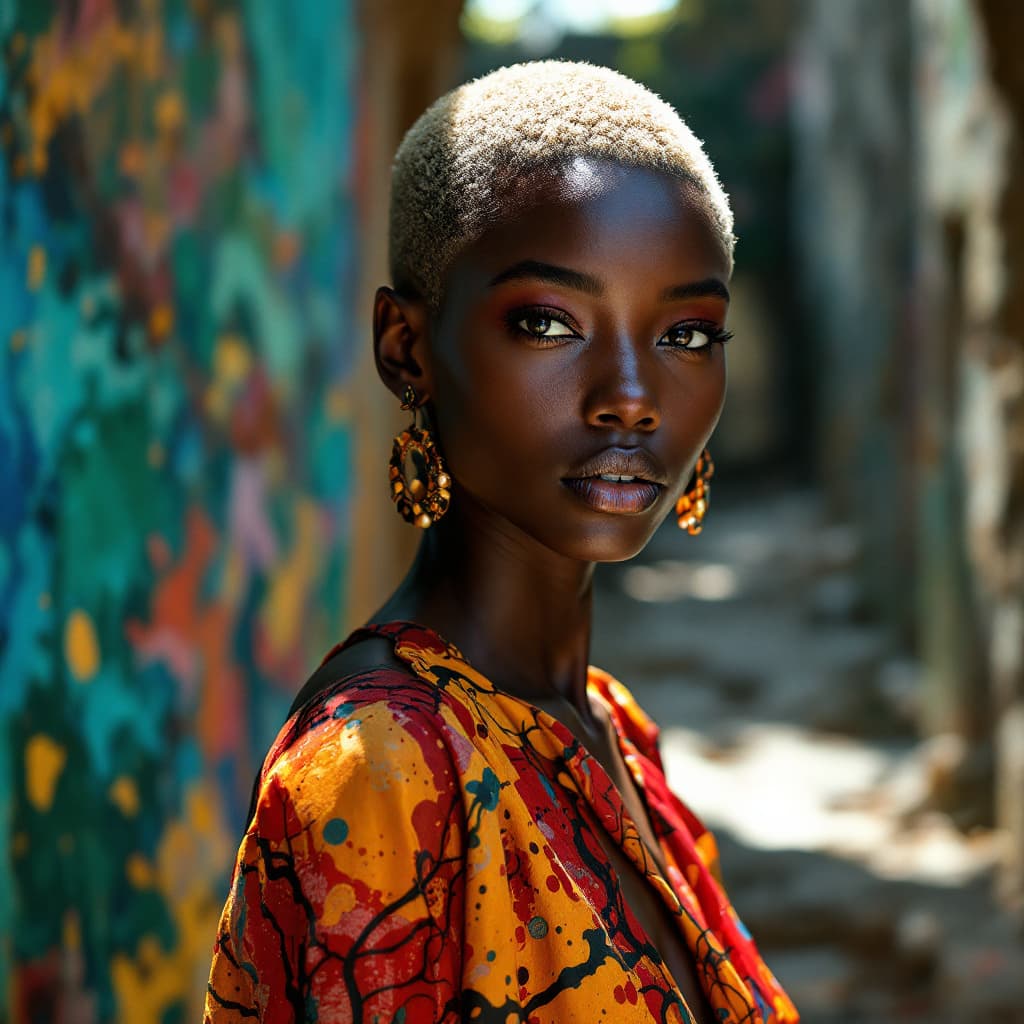 AI generated: Leica photo portrait of a beautiful and mysterious african black short hair extra blond model with a...