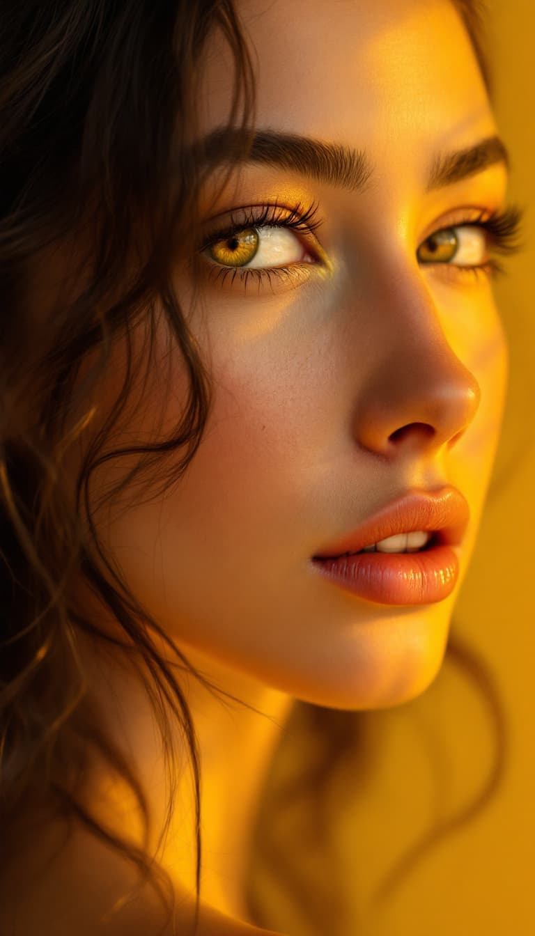 AI generated: photography, upper body, yellow hue, woman model, solid yellow backdrop, yellow eyes detailing, usin...