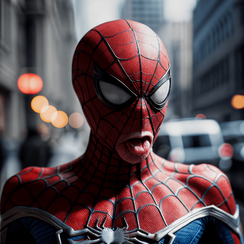 AI generated: spiderman (showing  tongue) ,small tongue out,depth of field ,bokeh