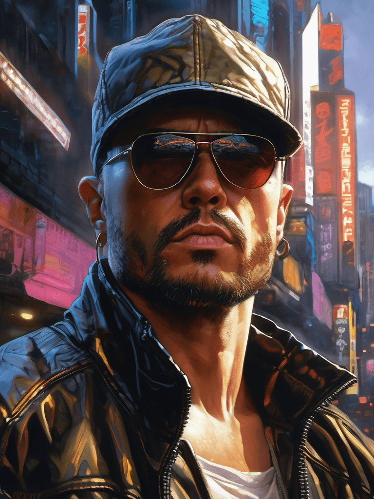 AI generated: portrait of a man in cyberpunk world, epic composition, 12K, hyperrealism, unforgettable, in the sty...