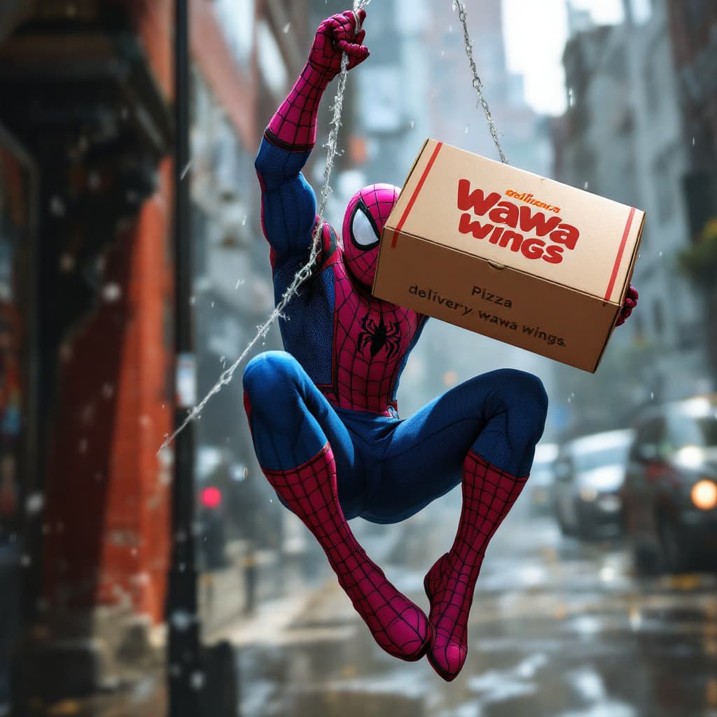 AI generated: 
Marvel's Spiderman holding a delivery pizza box, he is hanging with web up in air, dynamic pose, we...