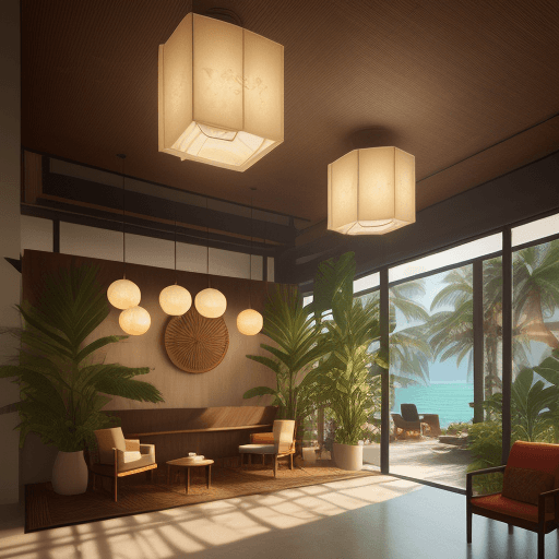 AI generated: tropical hotel reception desk, sof light from morning sun, metal reception desk with warm pendant li...