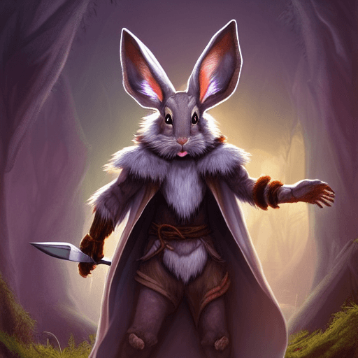 AI generated: high detail, full body image of a bipedal rabbit, lop eared, big ears, harengon dnd 5e, male, holdin...