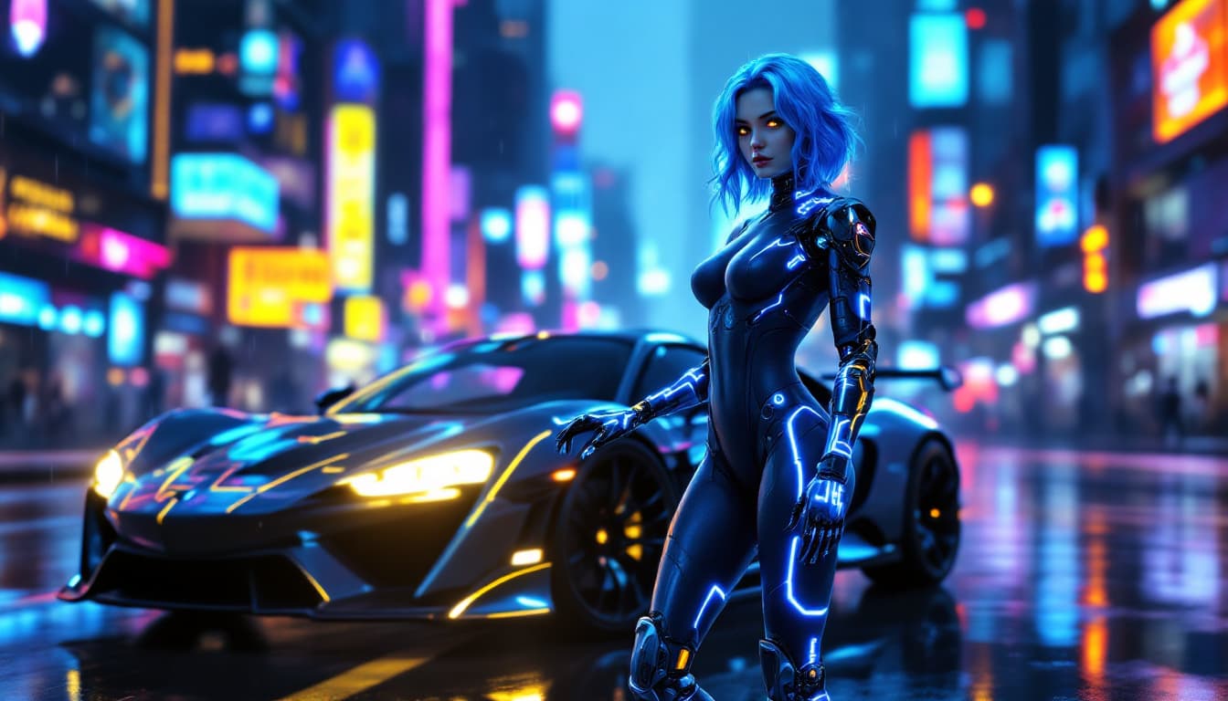 AI generated: A full-body cyberpunk girl stands beside her futuristic sports car, the neon city lights casting a m...