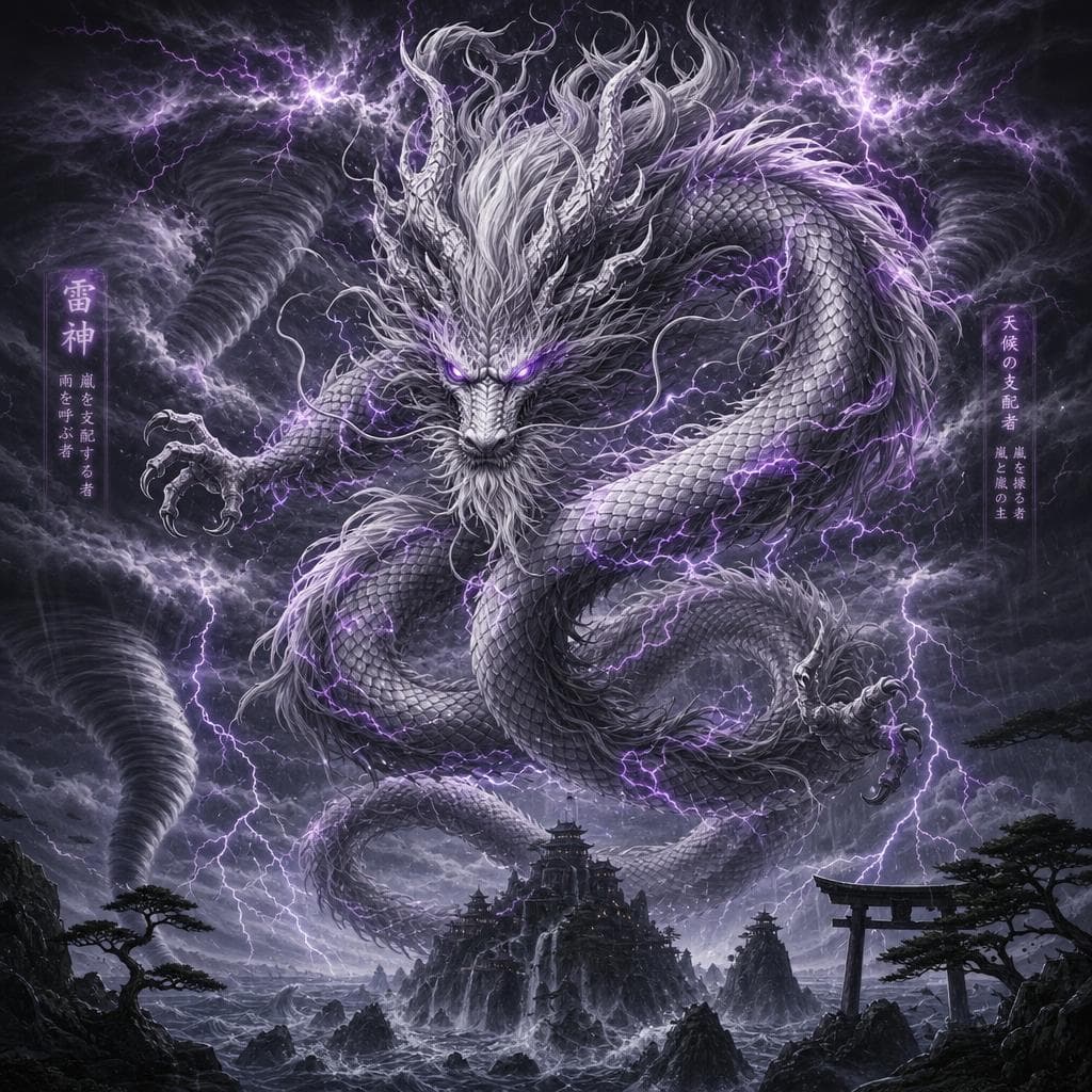 AI generated: a Japanese style dragon that controles storm like Lightning, Dark Clouds, Tornados, and trentals rai...