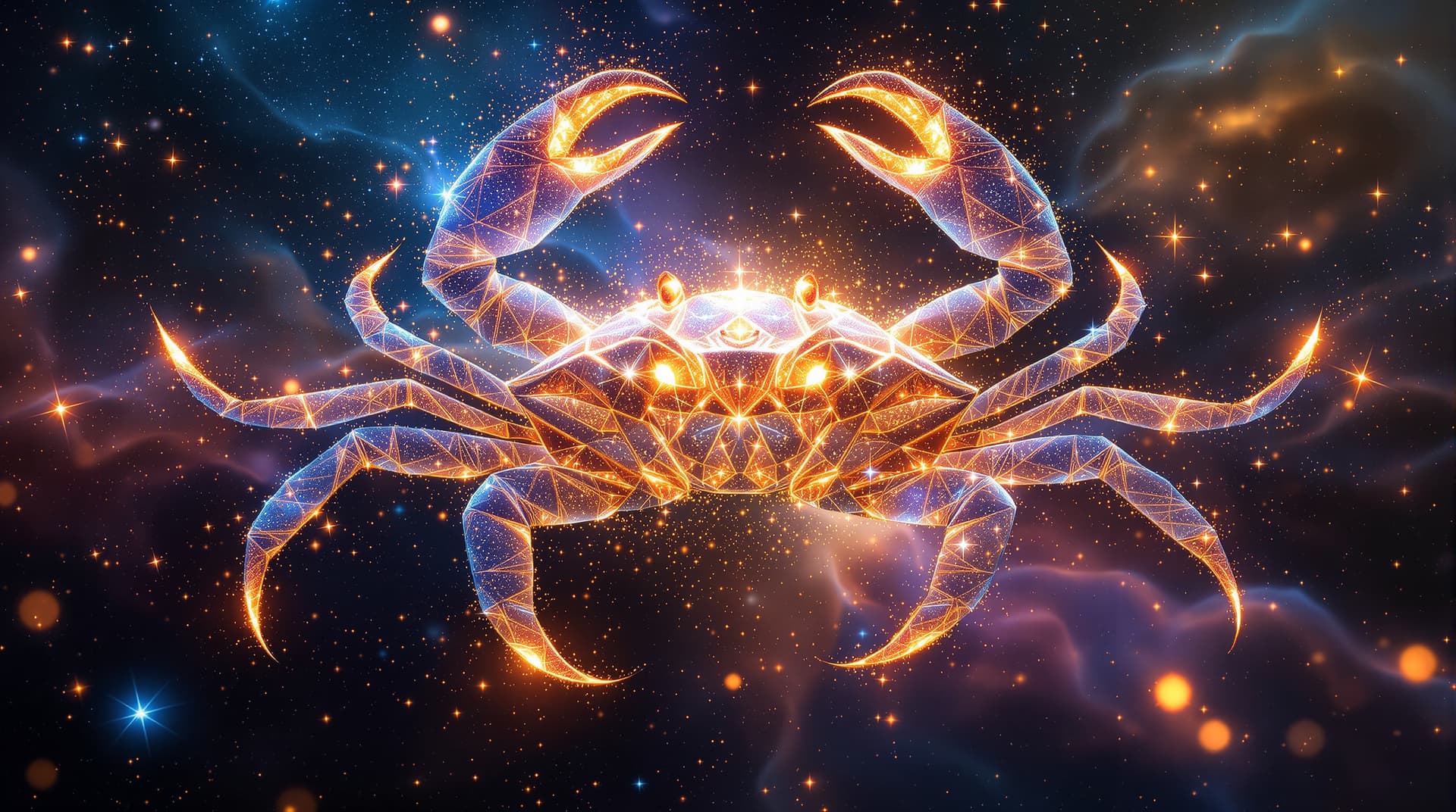 AI generated:  Image is a digital artwork featuring the zodiac sign of the crab made with 3d fractal lights, a the...