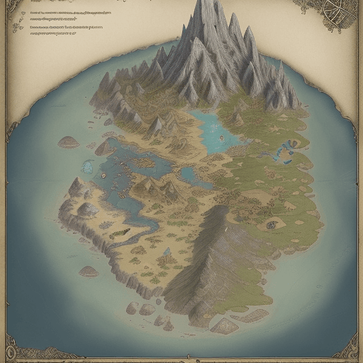 AI generated: fantasy map, one main land, three islands, Zelda, RPG kingdoms, lord of the rings, detailed, dungeon...