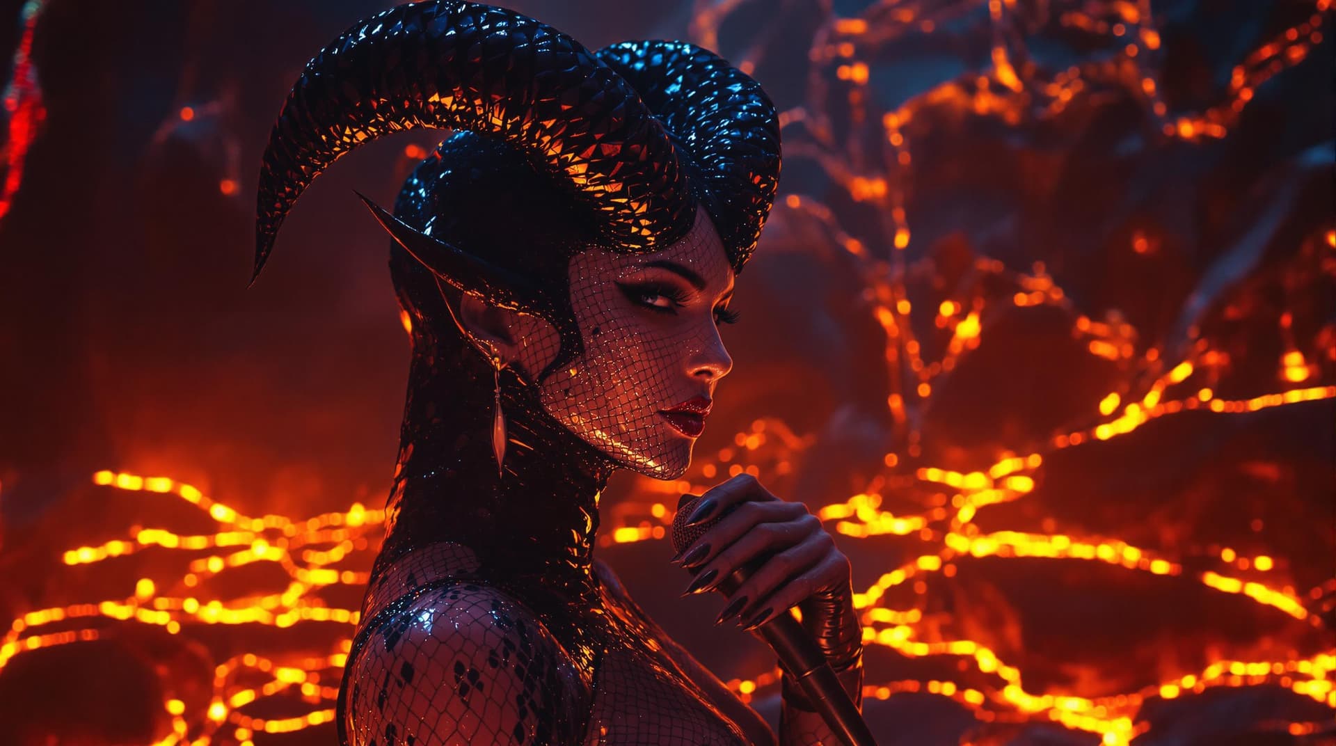 AI generated: extreme close-up right angle portrait the lips of a female (Lilith) red demon, bathed in a warm, gol...