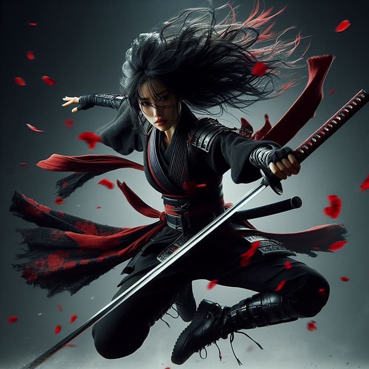 AI generated: This is a CGI image of a female ninja mid-leap, her long, flowing black hair and red and black attir...